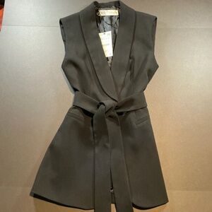 ZARA Sleeveless Belted Blazer Vest XS Black Tailored Longline Vest NWT 7848-187/